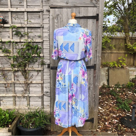 Vintage Midi Blouson Dress Light Blue Wacky 80's Plus Size 14/16 Secretary Belt - Picture 3 of 8